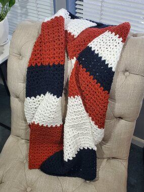 Sedona Brown, White + Navy Blue Crocheted Scarf